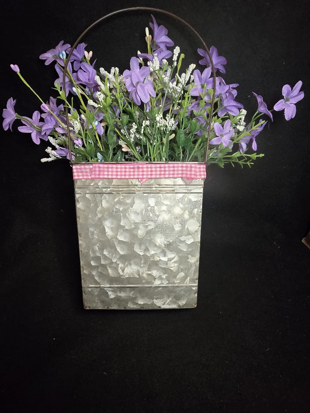 Rustic Galvanized Planter with Pink Gingham Trim and Purple Faux Florals